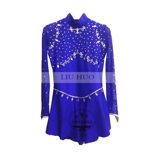 Figure Skating Dress Womens Girls' Ice Skating Dress Long sleeved blue collar Patterned water drill High elastic fabric