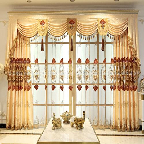 European Style Semi Blackout Curtains for Living Room Luxury Gold Floral Embroidered Chenille Villa Sliding Glass Door Drapes