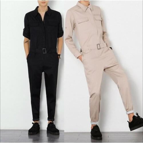 Hot Mens Korean Spring And Summer Long-sleeved Overalls Hairstylist Nightclub Dj Slim Trousers Tooling Siamese Singer Costumes