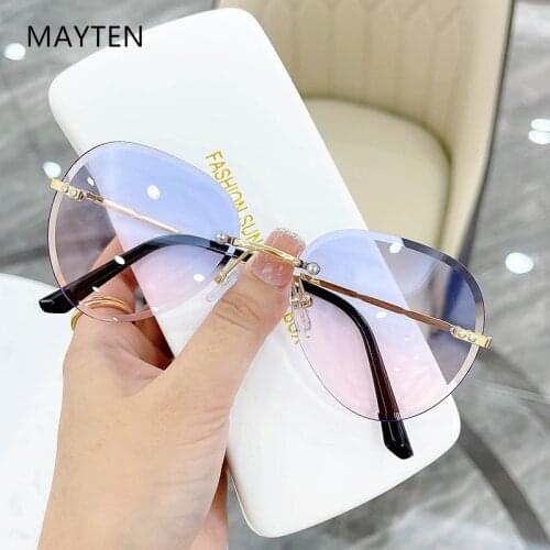 Luxury Gradient Pilot Sunglasses Frameless Eyewear Shading Sun Glasses for Ladies Women Eyewear 2021 Alloy Bamboo Temple Design