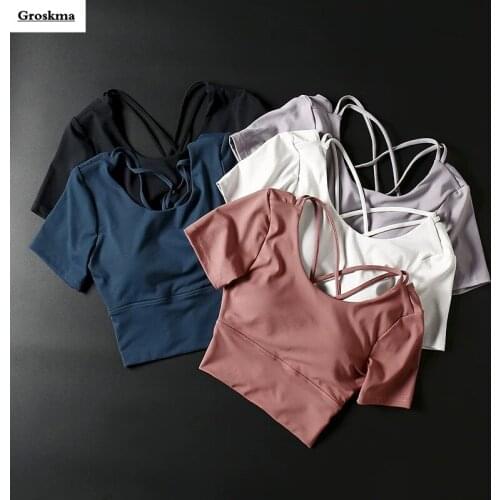 Sports Running Women Short Sleeve T Shirt Chest Pad Crop Tops Tights Yoga Fitness Gym Tees Back Hollow Out Clothing Haut Femme