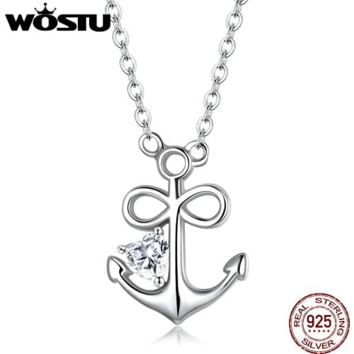 WOSTU 925 Sterling Silver Loyal Love Necklace Boat hook Zircon Long Chain Link Necklace For Women Fashion Jewelry CQN458