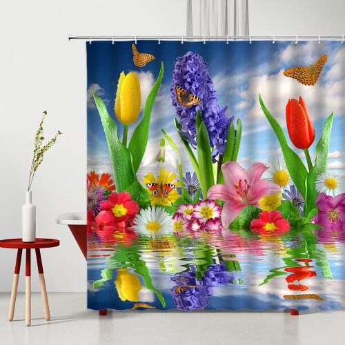 Flowers Shower Curtain Set Tulip Lily Butterfly Water-Ripple Natural Landscape Waterproof Bathtub Sreen Bathroom Accessories