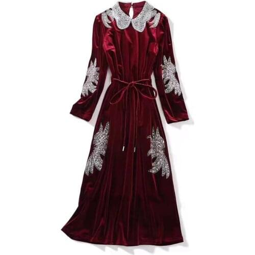 European and American womens wear 2020 winter new style Long sleeve open lapel Fashionable lace - up velvet beaded dress