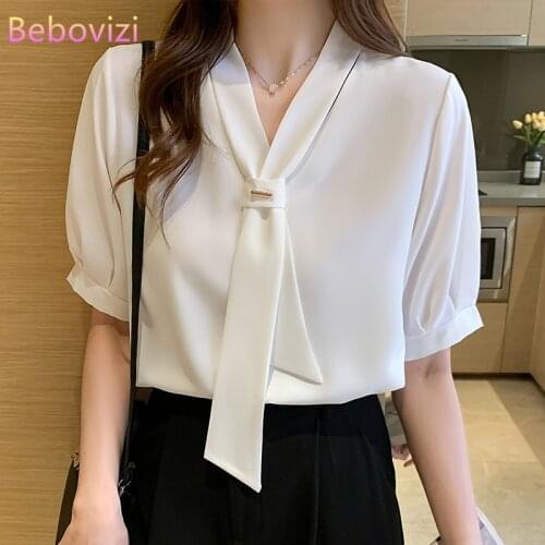 2021 New Pink White Fashion Korean Summer Chiffon Casual Bowknot V-neck Women Tops and Blouses Office Lady Work Clothes