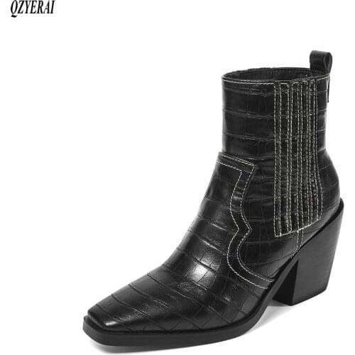 New autumn Genuine leather Women boots Ankle boots Stone grain Female boots High heels Womens shoes Size 34-43