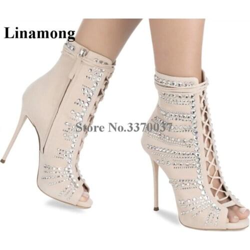 Women Luxury Fashion Open Toe Beige Suede Leather Rhinestone Short Gladiator Boots Cut-out Thin High Heel Crystal Ankle Booties