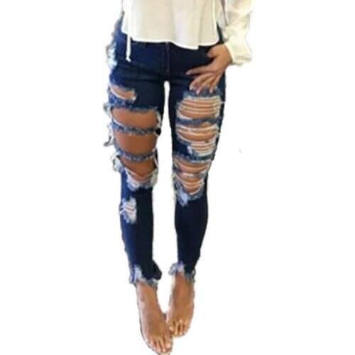 Women Stretch Ripped Distressed Skinny High Waist Denim Pants Shredded Jeans Trousers Slim Jeggings Ladies Spring Autumn Wear