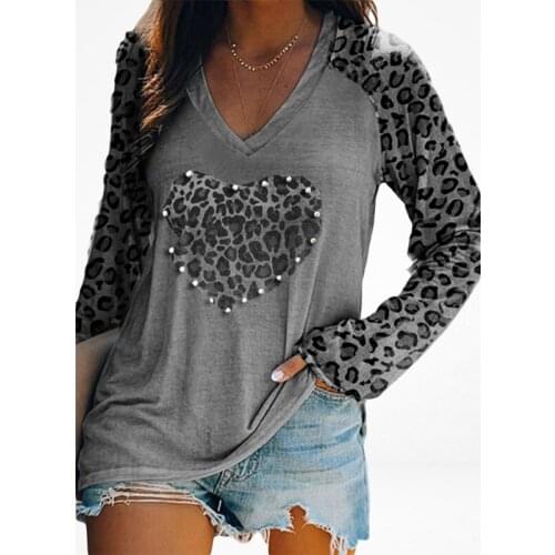 Womens Tops and Blouses Fashion Leopard Heart Print Long Sleeve Casual Tops 2021 New V Neck Patchwork Streetwear Tees Shirts