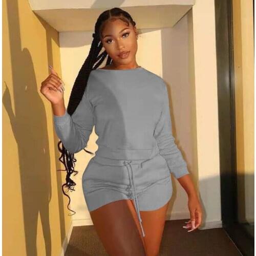 Fitness Women Sporty 2 Piece Set Long Sleeve Pullovers+High Waist Biker Shorts Matching Sets 2021 Autumn Solid Workout Tracksuit