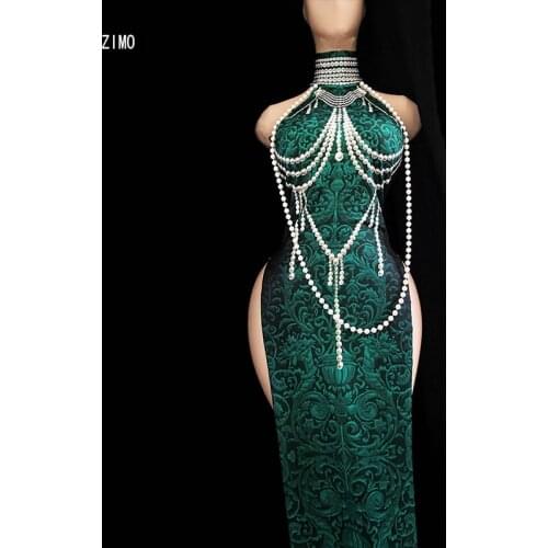 Vintage long dress qipao chain pearl 3D Print high split green folk dance sleeveless Performance stage outfit festival clothing