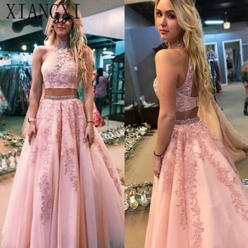 Blush Pink Two Piece Prom Dresses Long 2020 vestidos de fiesta largos elegantes de gala Lace Tulle Imported Party Dress Formal
