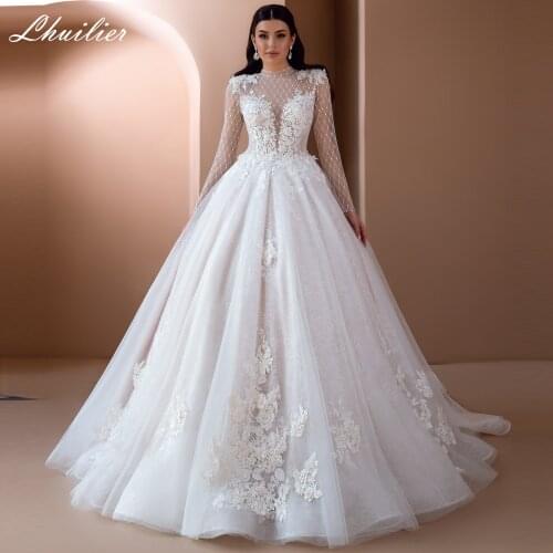 Lhuilier Womens A Line O Neck Lace Wedding Dresses 2021 Full Sleeves Floor Length Beaded Chapel Train Bridal Gowns