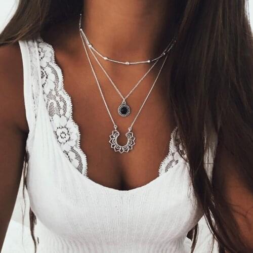 2020 Fashion Boho Crystal Necklace For Women Retro Gold Multilayer Womens Lotus Pendant Lock Chain Necklace Jewelry Gift