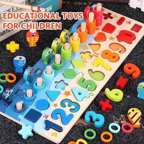 1 Set Educational Wooden Toys Children Busy Board Math Fishing Childrens Wooden Preschool Montessori Toy Counting Geometry