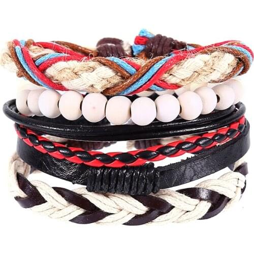4pcs/set hippie punk black red leather blue brown cord X knots beige wood beads wrap wide Bracelet Bangle for man