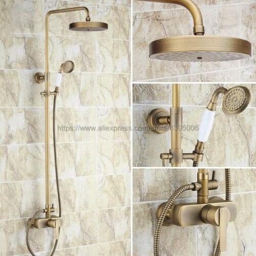 Antique Brass Bathroom Rainfall Shower Faucets Set Single Handle Mixer Tap Wall Mounted Bath Showers Sets Brs178