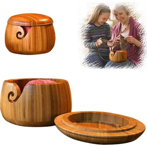 Wooden Yarn Storage Bowl Portable Dustproof Crochet Storage Bowl for Knitting Needlework Sewing Supplies