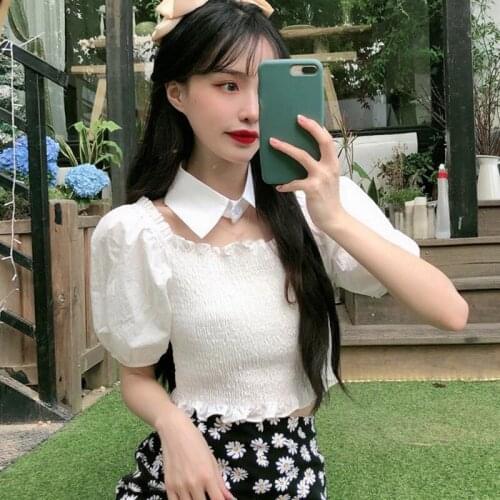 Women Slash Neck Off Shoulder Blouses Femme Solid Color Puff Sleeve Vintage Tops Summerwear