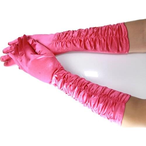 Elegant Pink Purple Ruffled Gloves for Formal Party Prom Fashion Stretch Satin Elbow Finger Purple Women Evening Gloves S283