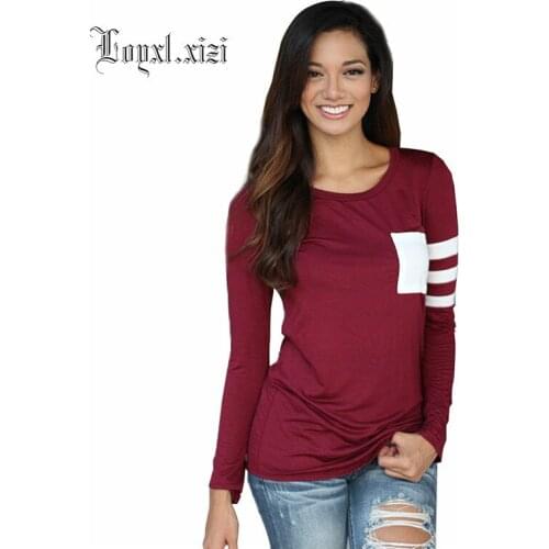 Europe and large size loose ladies long sleeve color matching pocket t - shirt women spring and autumn casual LQ0046