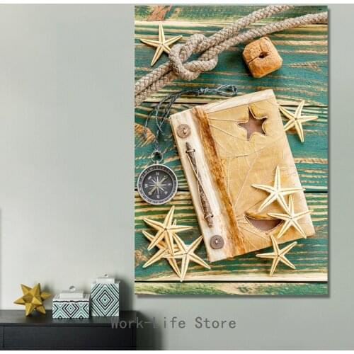 Canvas Wall Art Starfish Shell on Teal Board Painting Prints Beach Nature Picture Home Kitchen Bathroom Living Room Wall Décor