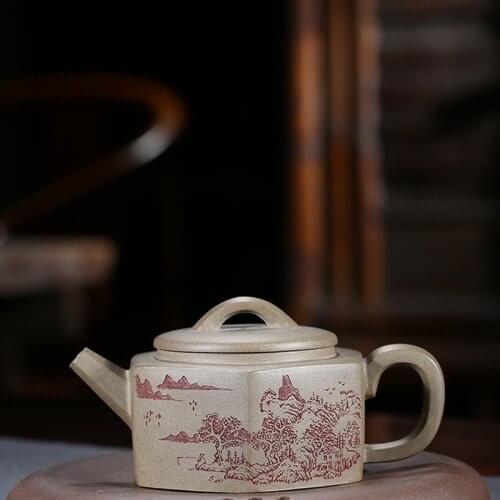 Yixing purple clay pot genuine famous artists hand-made raw ore lime mud hexagonal pot Kungfu Teapot Tea Set