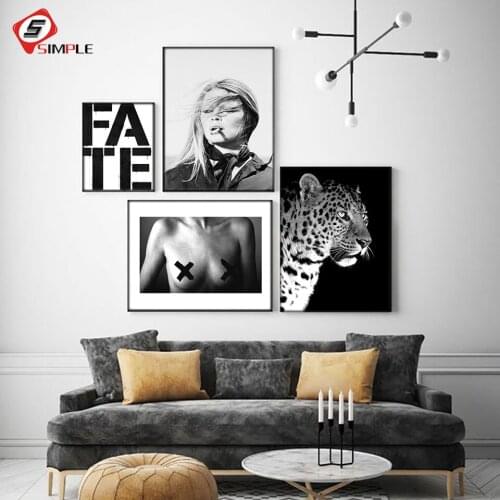 Scandinavian Poster Fate Quote Print Leopard Smoking Girl Wall Art Pictures Canvas Painting Nordic Style Modern Home Decoration