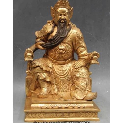 Chinese Folk Copper Bronze Gild Dragon Guan Gong Guan Yu Warrior Buddha Statue