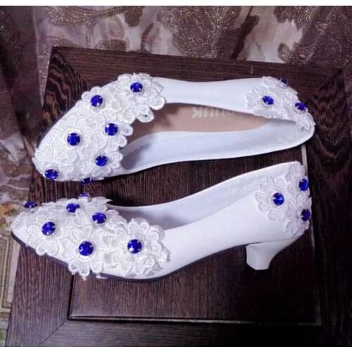 3cm heel fashion white lace flower wedding shoes woman low med high heel bride blue diamond rhinestones luxury wedding shoes
