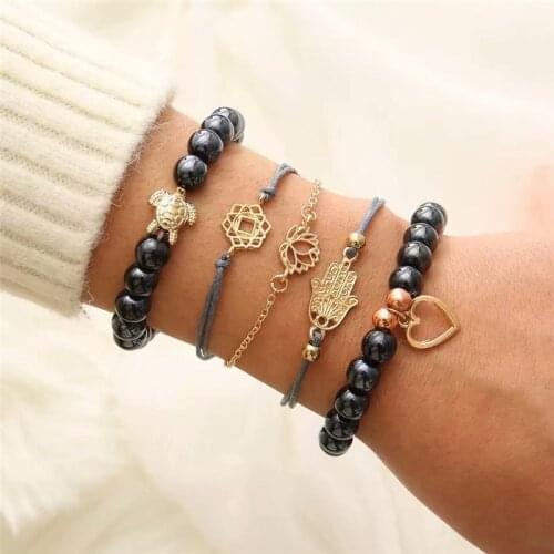 LUSION 5 Pcs/ Set Bohemian Turtle Heart Charm Bracelets Bangles For Women Fashion Gold Color Strand Bracelets Sets Jewelry Party
