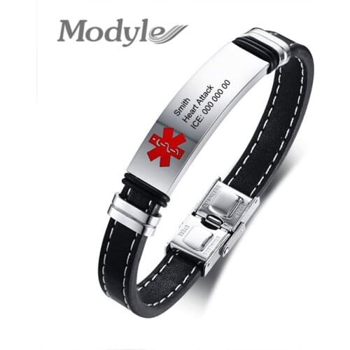 Modyle Personalized Medical Alert ID Wide Genuine Leather Stainless Steel Adjustable Bracelet Wristband Jewelry