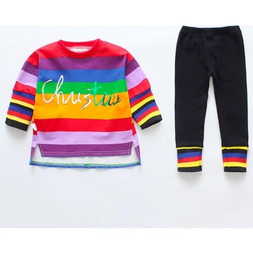 Girls fashion Rainbow childrens long sleeve suit Spring and Autumn wear new striped top leggings suits for girls