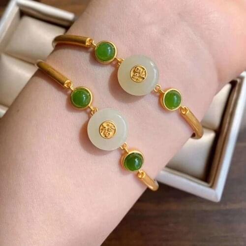 New Inlaid Natural Hotan Chalcedony Gourd Bracelet Chinese Style Retro Unique Ancient Gold Craft Charm Women Bangle & Bracelets