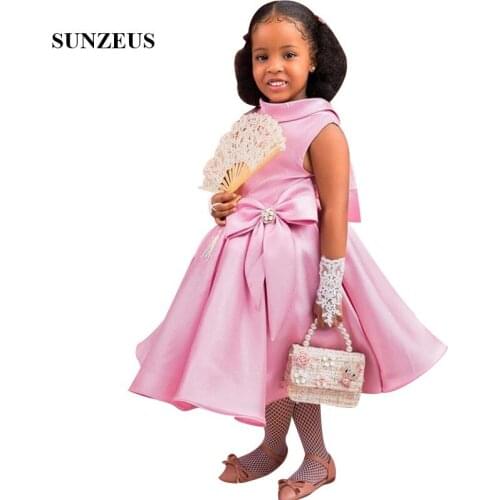 Simple Pink Satin Flower Girl Dress With Bow African Little Girls Brithday Party Dress Tea Length Children Gowns