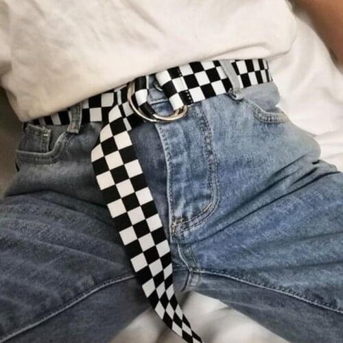 Punk Canvas Belt Men Women Jeans Decorative Metal Black White Plaid Belt Fashion Street Style Wild Long Waistband