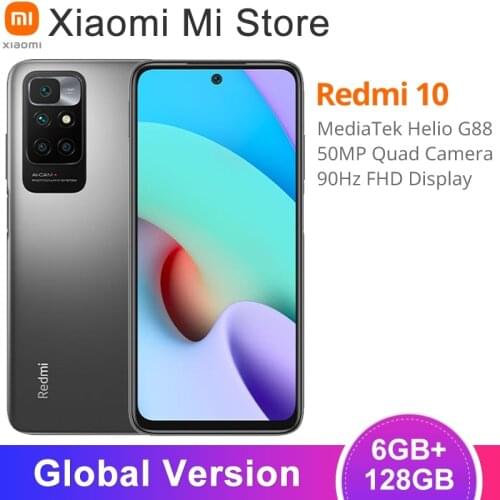 Global Version Xiaomi Redmi 10 Cellphone 6GB RAM 128GB ROM MediaTek Helio G88 Octa Core 50MP AI quad camera 90Hz FHD Display