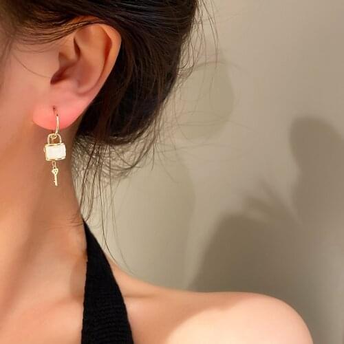 925 silver needle jewelry with real gold plating opal inlaid rhinestone key lock earring temperament ear jewelry for female gift