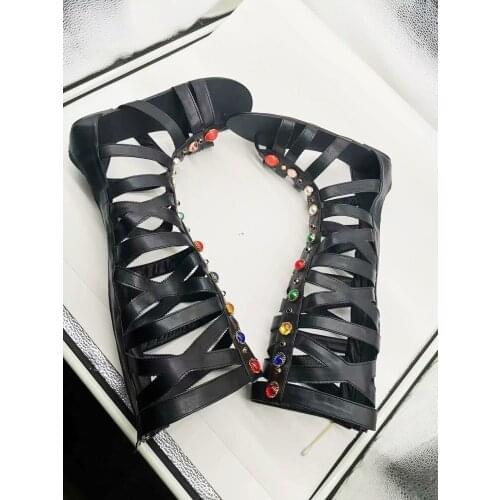 Women Flat With Boots Hollow Pearls Decor Cool Black Gladiator Sandals Casual woman Shoes Street Manufacturer Long Summer Boots