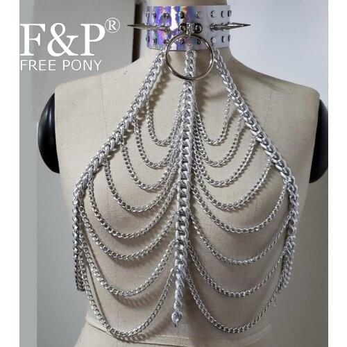 Burning Man Festival Holographic Spike Choker Bodychain Rave Chest Chain top Carnival Costume Gogo Pole Dance Wear Clothing