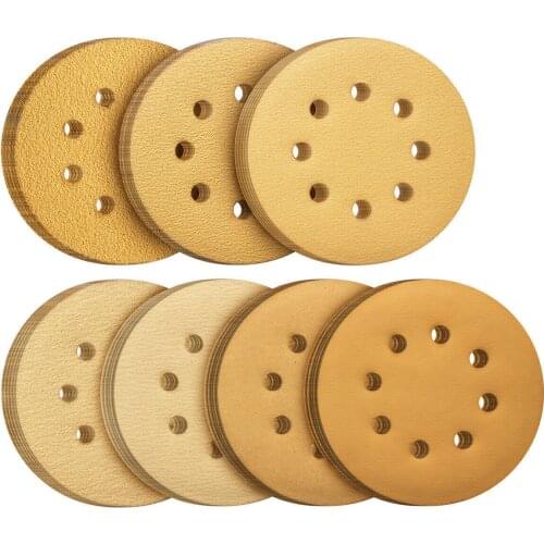 105PCS 5 Inch Gold Sanding Discs Hook and Loop 8 Holes Assorted Grits Sandpaper