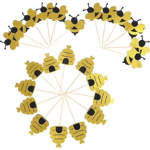 12pcs Cute Bee Shape Cupcake Paper Cake Topper Birthday Party Cake Honeybee Fruit Picks Dessert Decorative Supplies