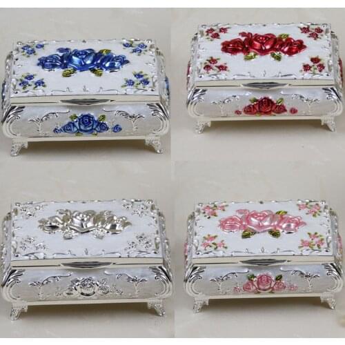 2020 Vintage Enameled Rectangular Decorative Collectible Jewelry Trinket Box for Women White with Red Rose Flower