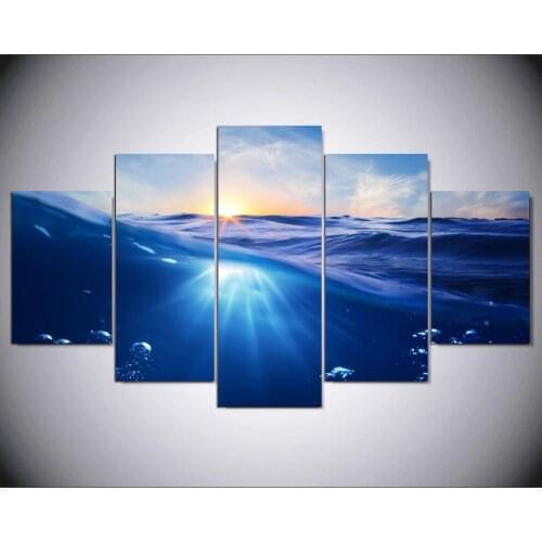 5 Panels Painting Sunrise Blue Sea Canvas Painting Seascape Picture for Bedroom Wall Art Canvas Prints Artwork Unframed