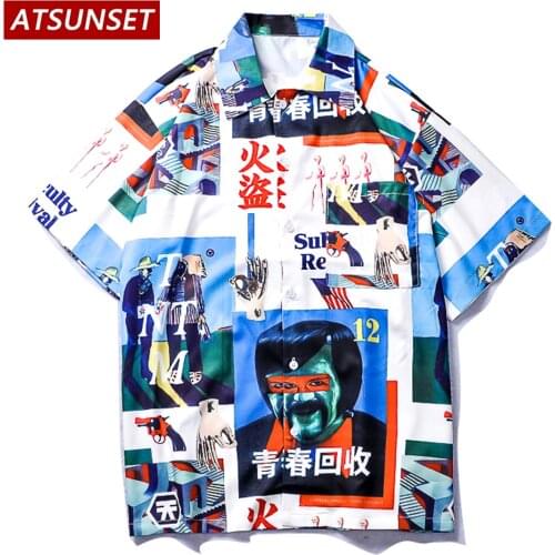 ATSUNSET Chinese Element Youth Recycling Print Font Shirt Hawaiian Streetwear Shirt Short Sleeve Cotton Fashion Tops
