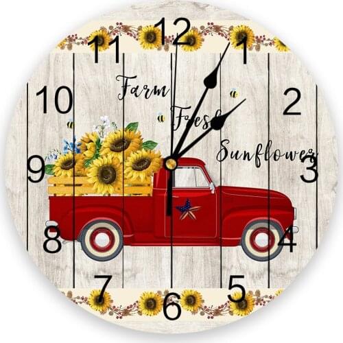 Farm Sunflower Vintage Truck Retro Wooden Planks New Wall Clock Fashion Living Room Watch Modern Home Decoration Round Clocks