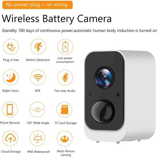 1080P WiFi Surveillance Camera Rechargeable Security Camera Outdoor Waterproof Wireless with Infrared Night Vision Two-way