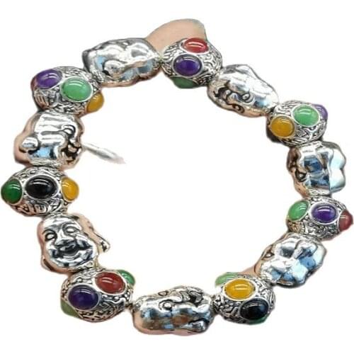 China Old Tibetan Silver Inlaid Three-Colour Jade Bead Hand String Bracelet