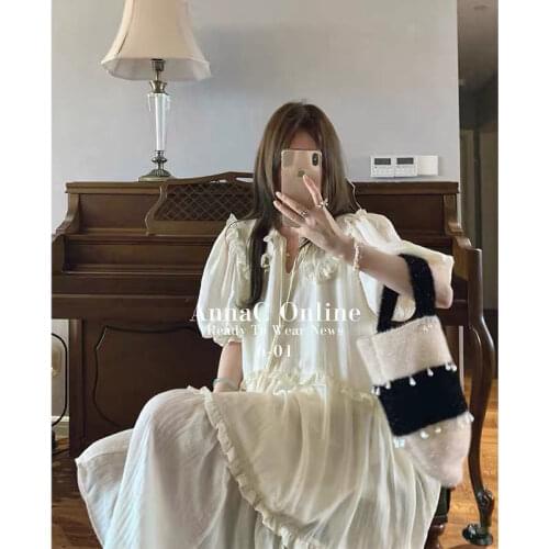 Korean Chic Gentle Temperament Puff Sleeve Pleated Dress Summer Round Neck Drawstring Lace-Up Waist Design Stitching Long Dress