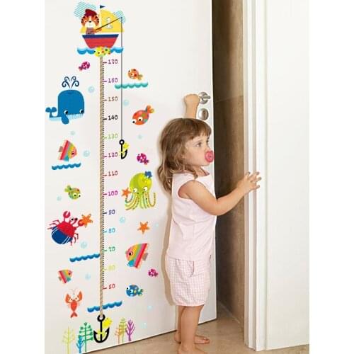 Creative Kitten Fishing Height Stickers For Kids Rooms Bedroom Kindergarten Decoration Decal Lovely Animal Cat Fish Wall Sticker